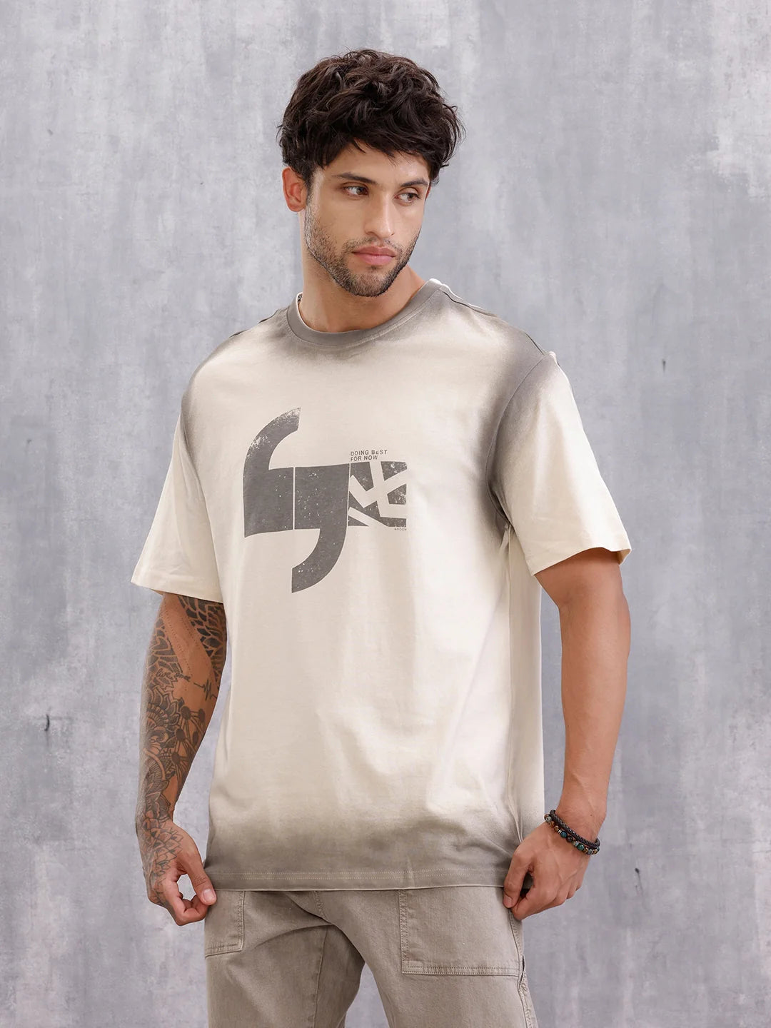 Spray Washed Effect Graphic Printed Oversized Fit T-shirt | Beige