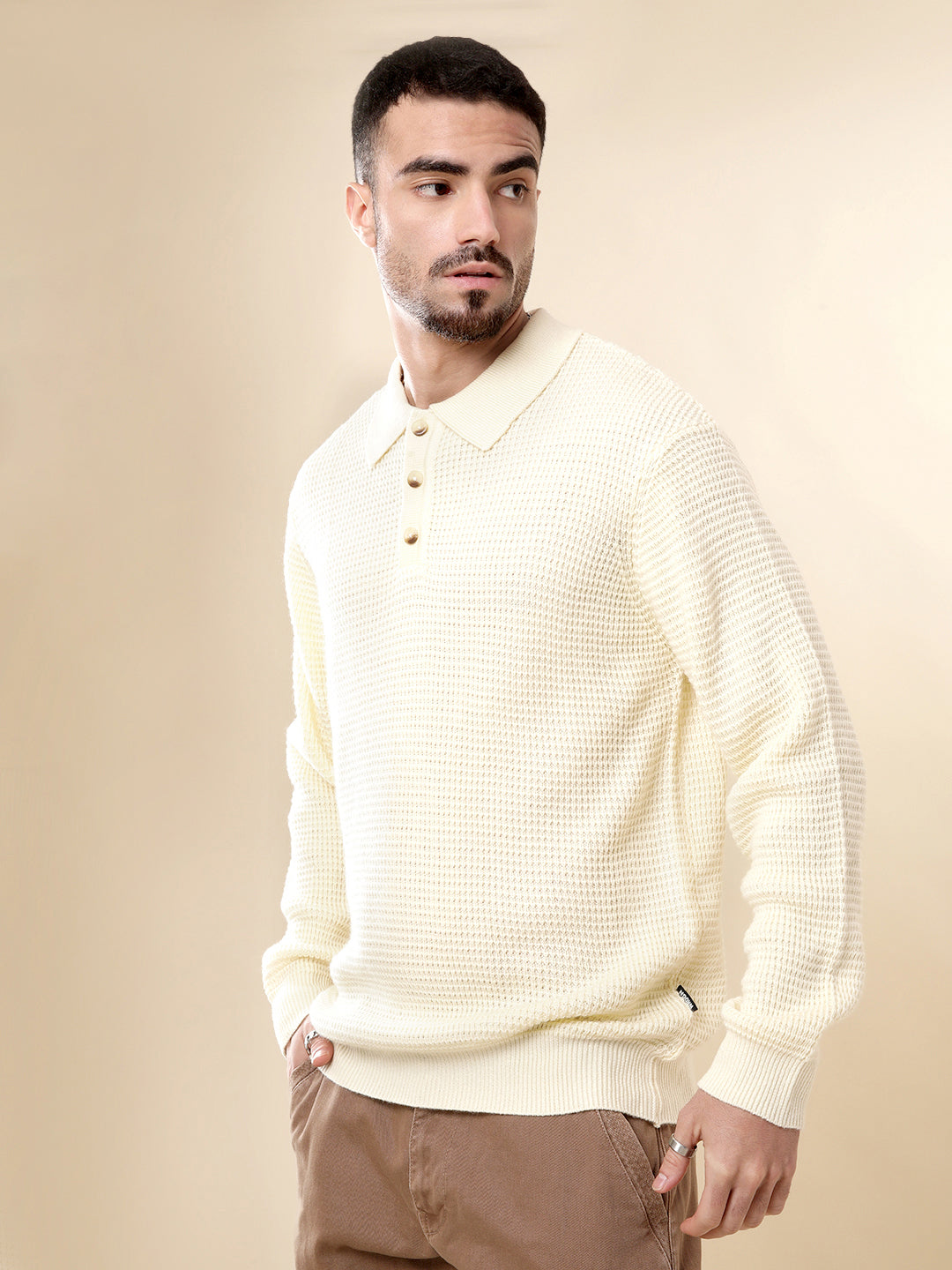 Beige Knit Polo Neck Sweater