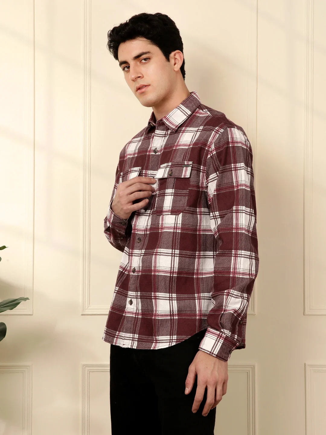 Brown & White Checked Cotton Shirt