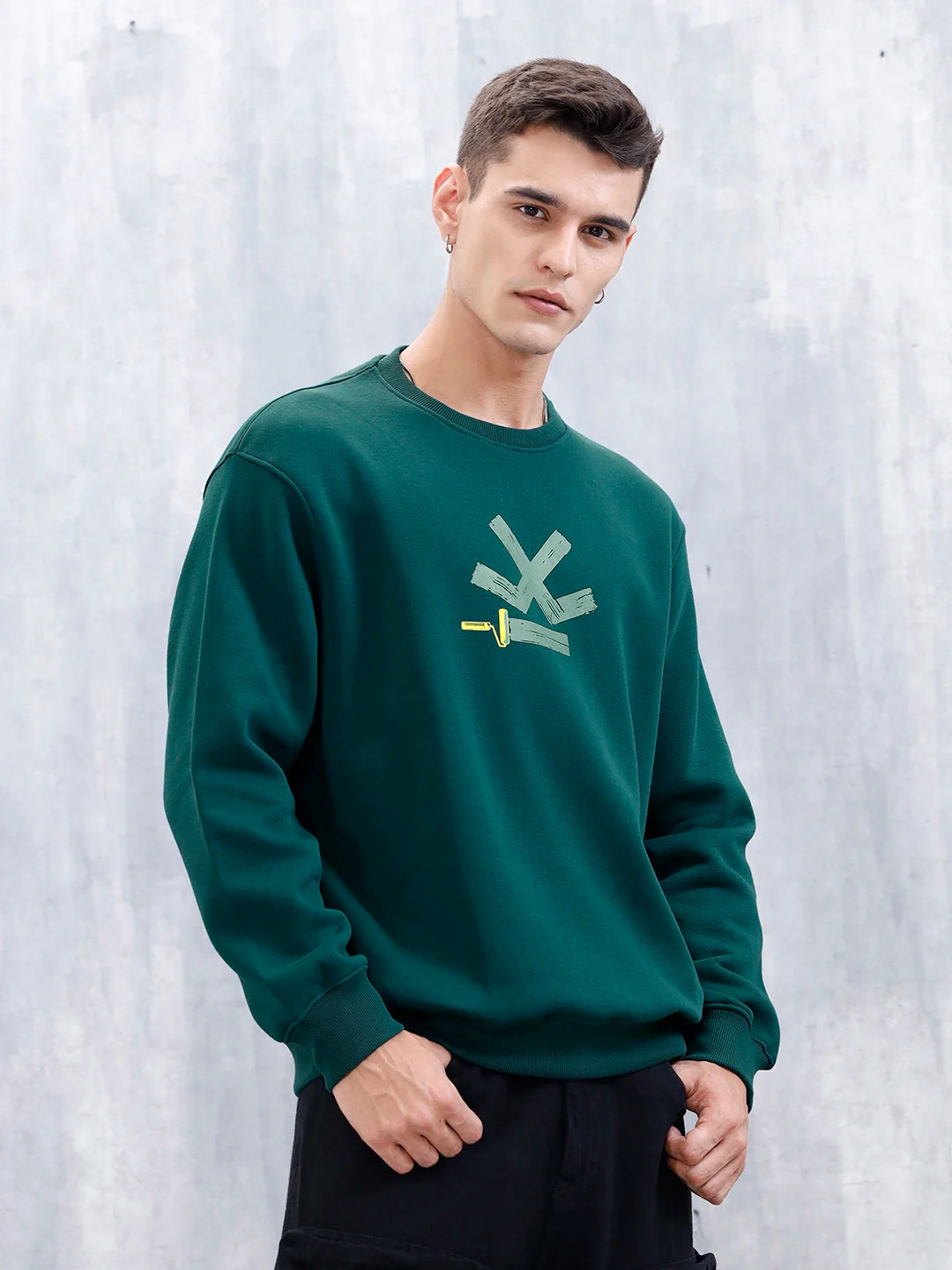 Wrogn Comfort Fit Graphic Sweatshirt For Men | Dark Green