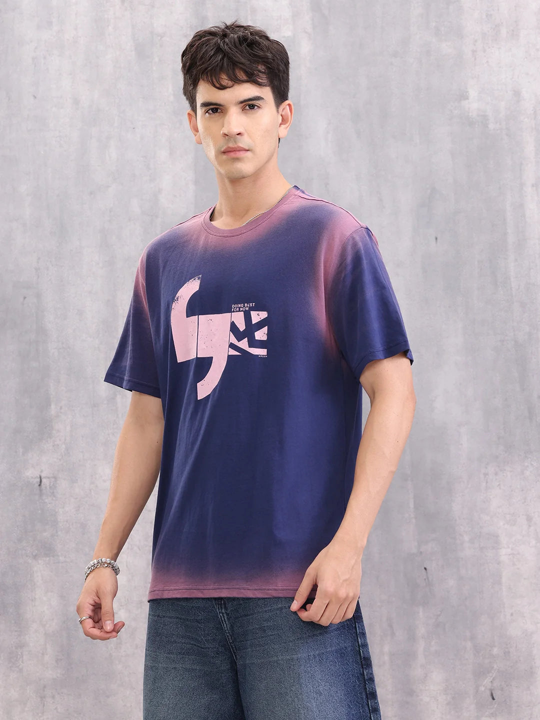 Spray Washed Effect Graphic Printed Oversized Fit T-shirt | Blue