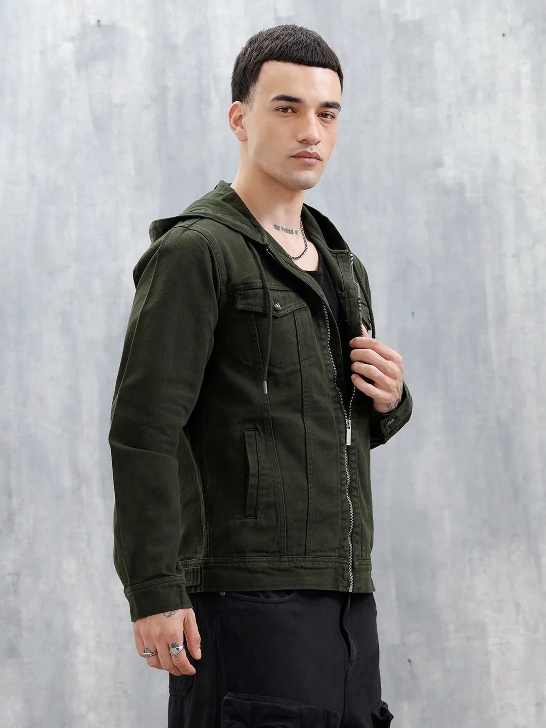 Wrogn Men's Casual Zip-Up Hooded Jacket | Olive