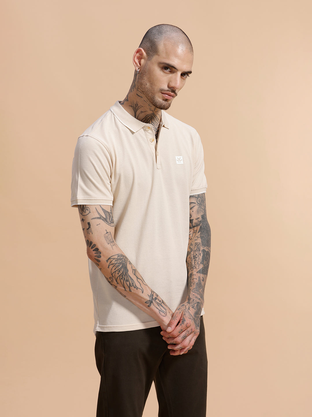 Solid Tipped Collar Polo T-Shirt | Beige