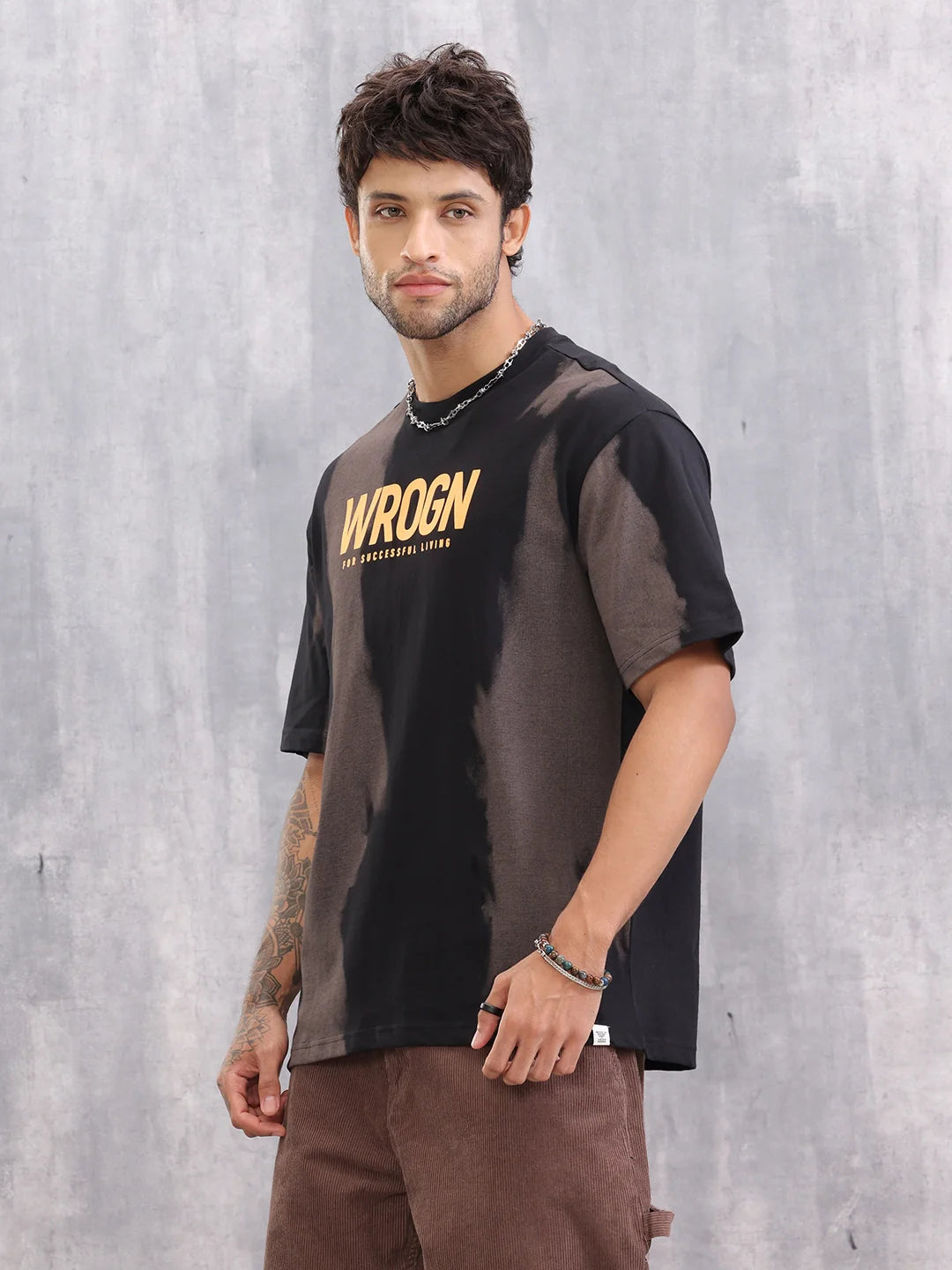 Black & Brown Tie-Dye Graphic T-Shirt With Bold Wrogn Print | Black