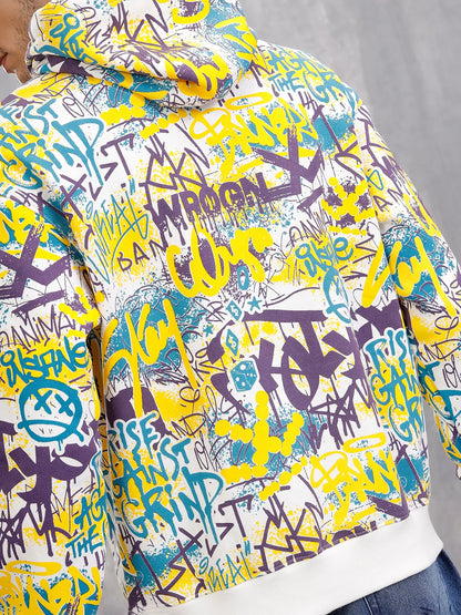 All Over Graffiti Print In Oversized Hoodie Pullover  |  Yellow