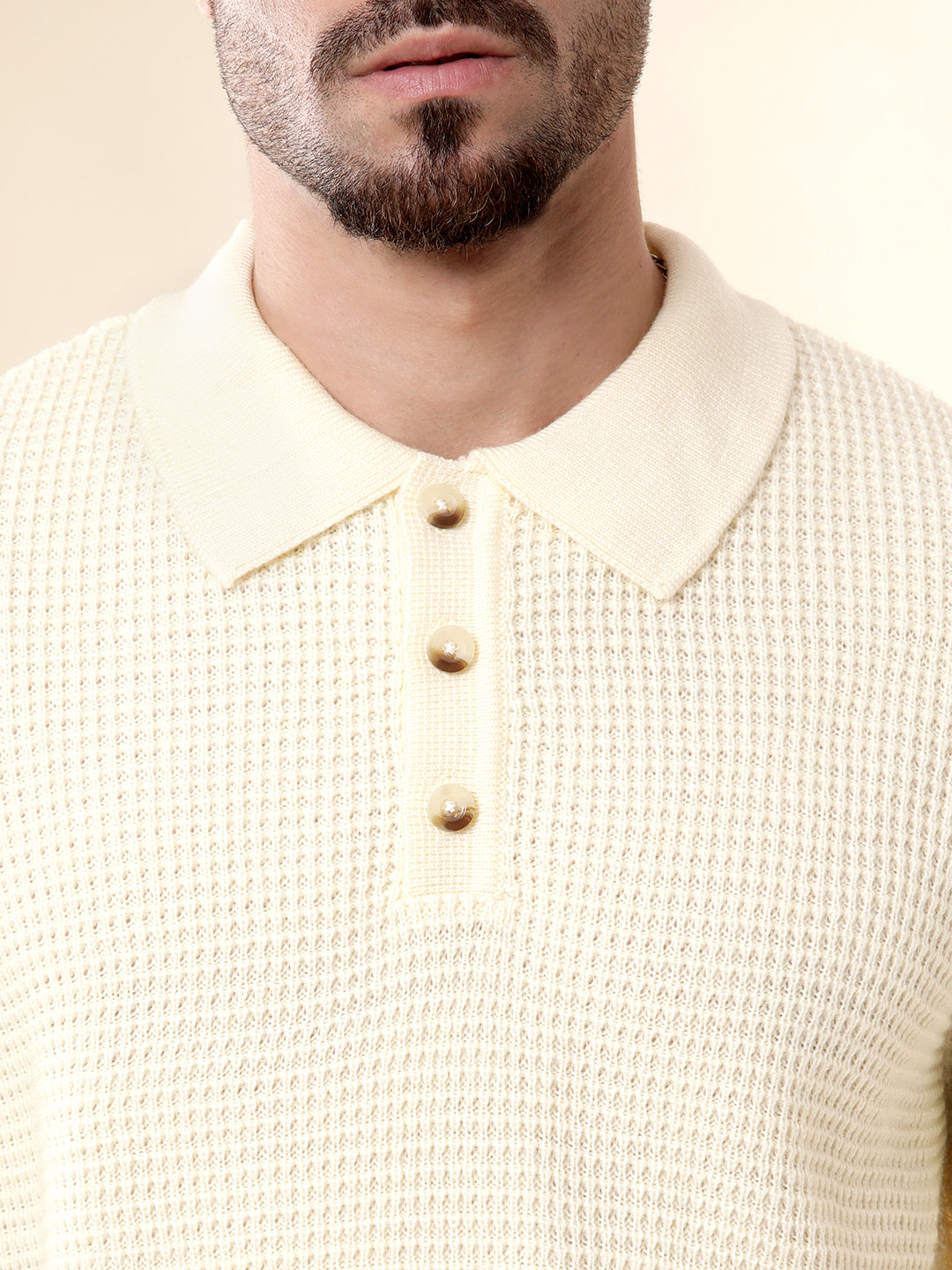 Beige Knit Polo Neck Sweater