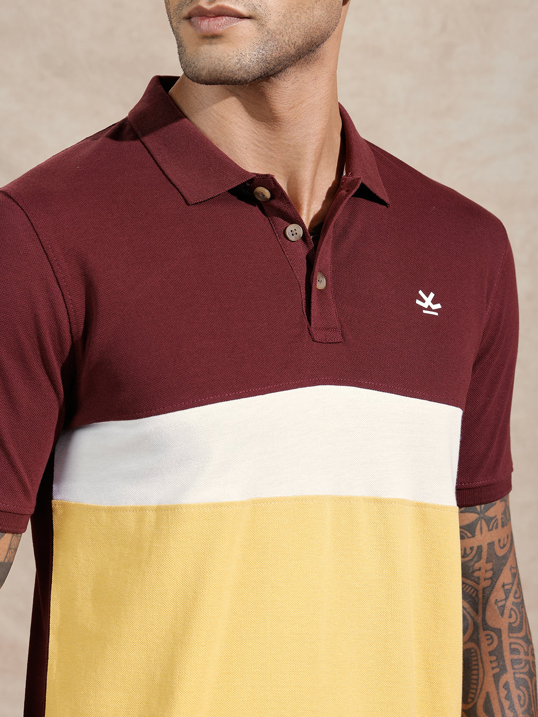 Cut & Sew Polo T-Shirt | Maroon & Yellow
