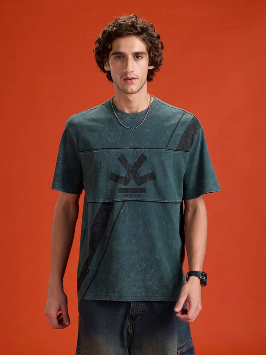 Washed Cut & Sew Graphic Printed Oversized Fit T-Shirt | Dark Green