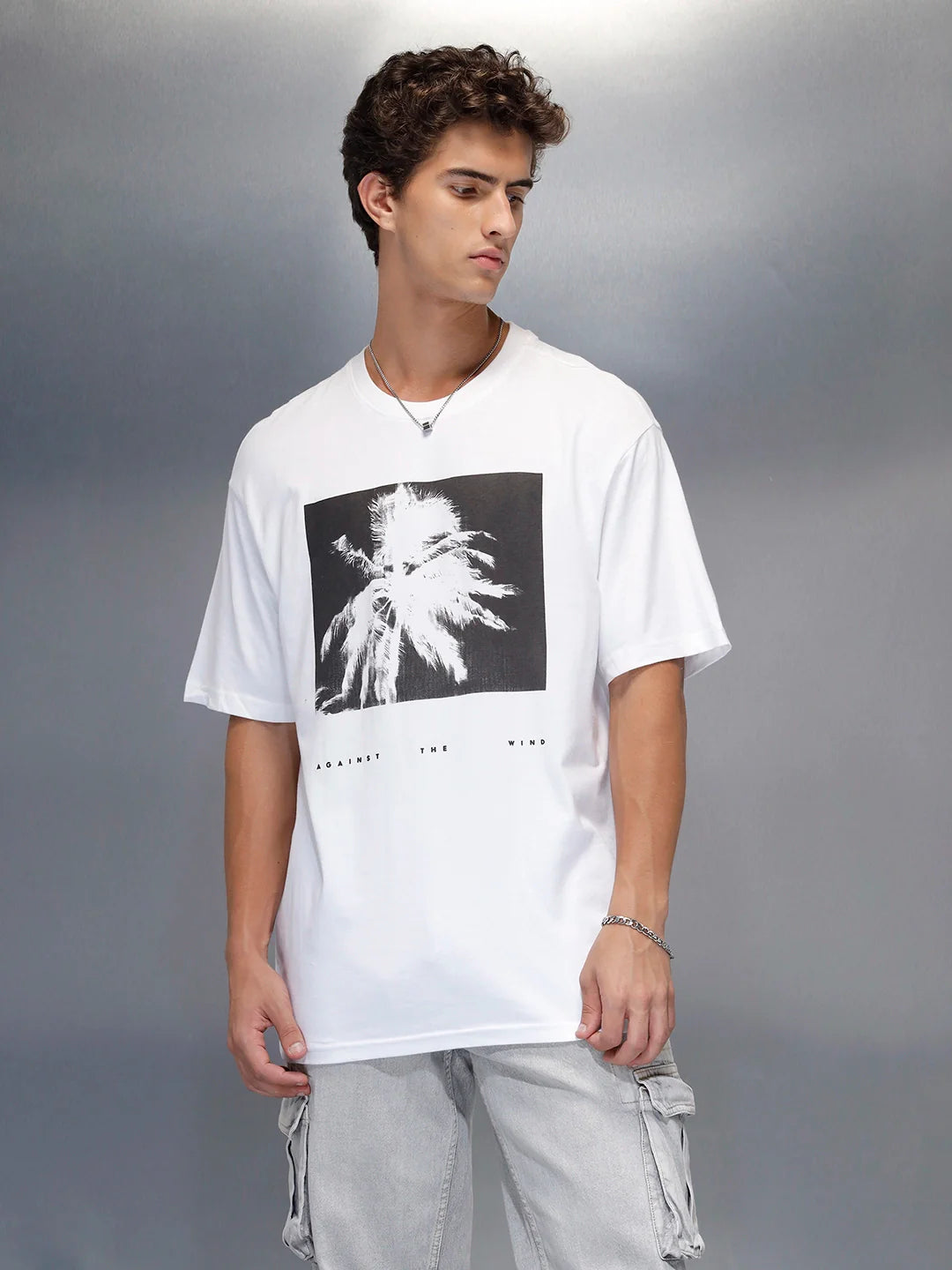Men's casual graphic print oversize t-shirt  | White